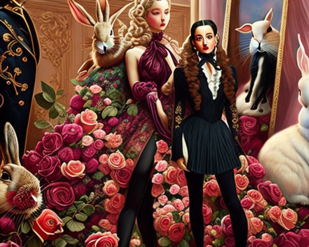 Formal attire couple surrounded by roses and rabbits in surreal artwork.