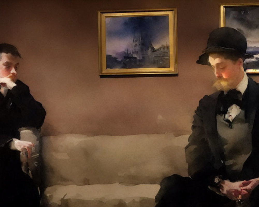 Victorian couple sitting on sofa in room with paintings
