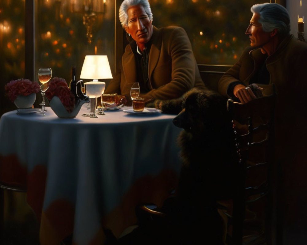 Elegant dinner scene with two gentlemen, dog, warm lighting, festive tree