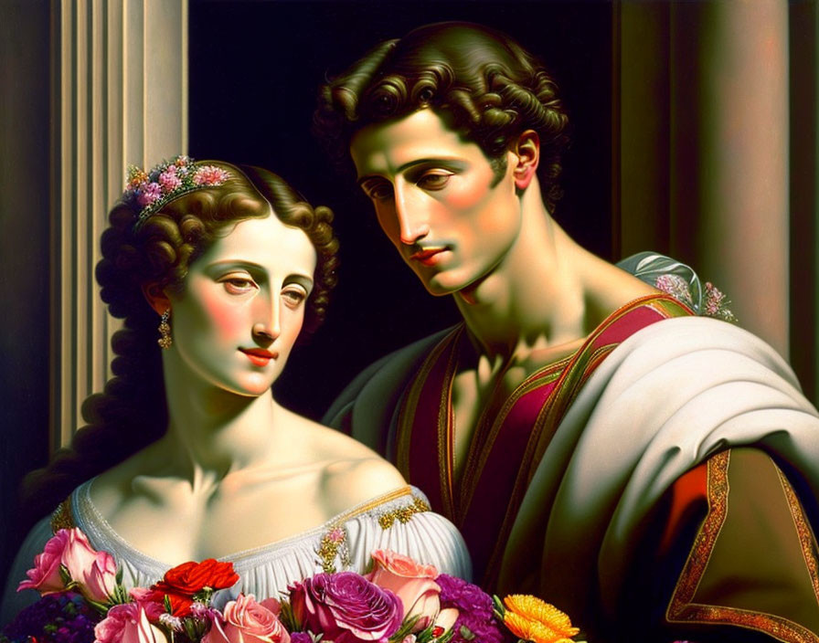 Classic Painting: Woman and Man in Historical Clothing with Bouquet