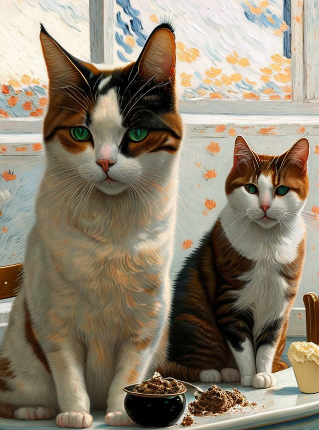 Two domestic cats with unique patterns in front of a food spread, against a serene painted landscape