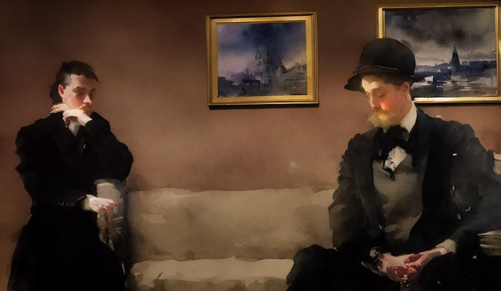 Victorian couple sitting on sofa in room with paintings