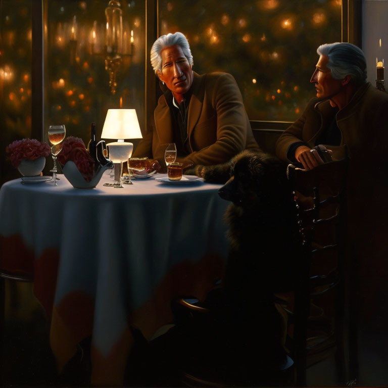 Elegant dinner scene with two gentlemen, dog, warm lighting, festive tree