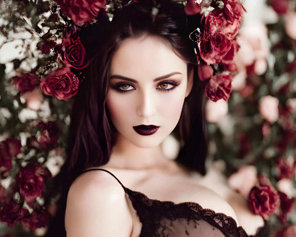 Dark-haired woman with makeup among deep pink roses: mysterious and romantic ambiance