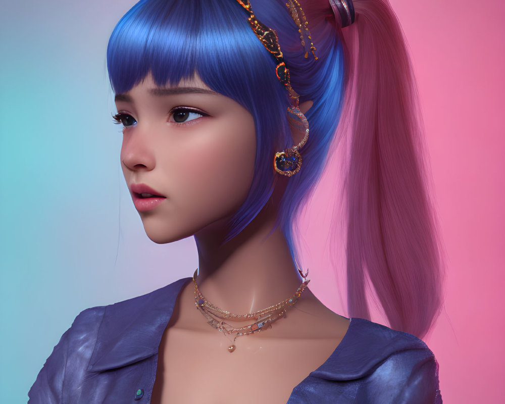 Woman with Blue Hair and Gold Jewelry on Pink and Blue Gradient Background