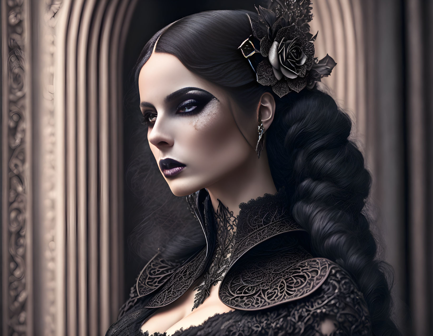 Dark Makeup and Braided Hair on Woman in Black Lace Clothing with Floral Hair Accessory Displays Gothic A
