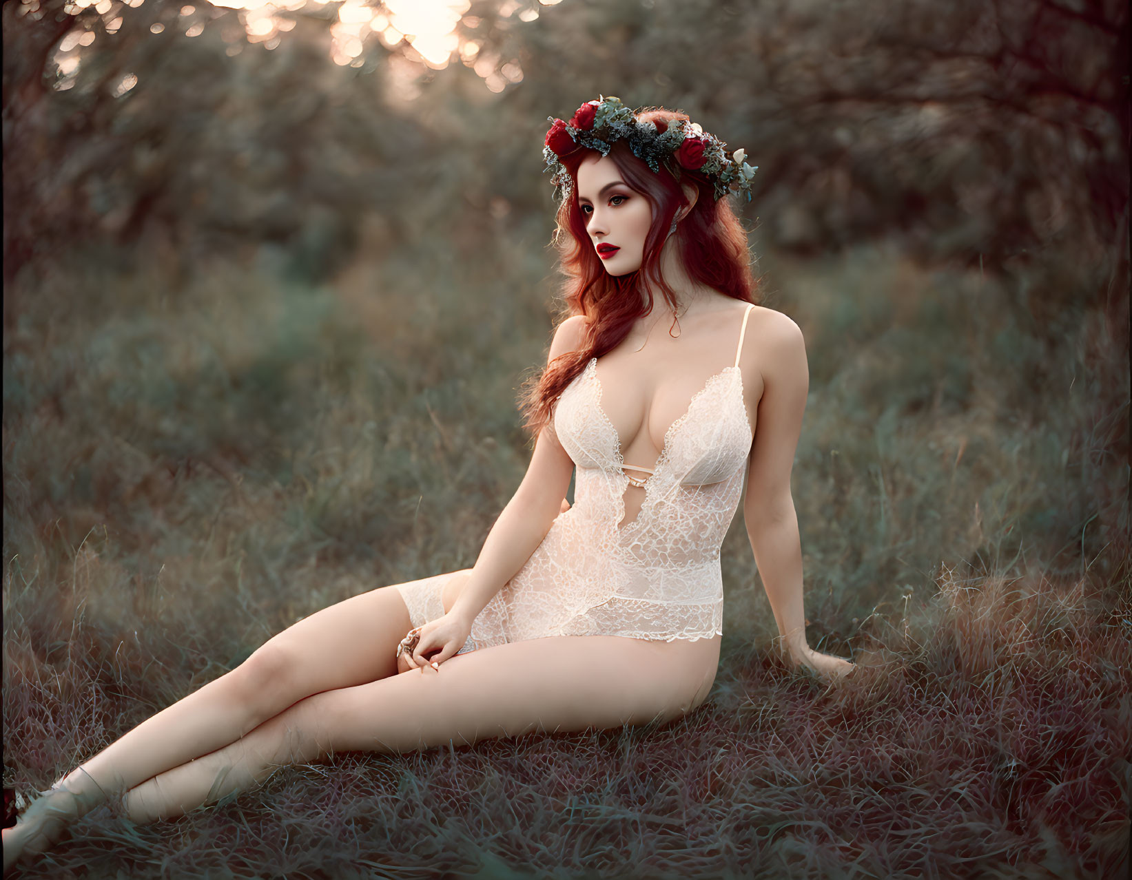 Red-haired woman in white lace and floral wreath sitting in field at dusk