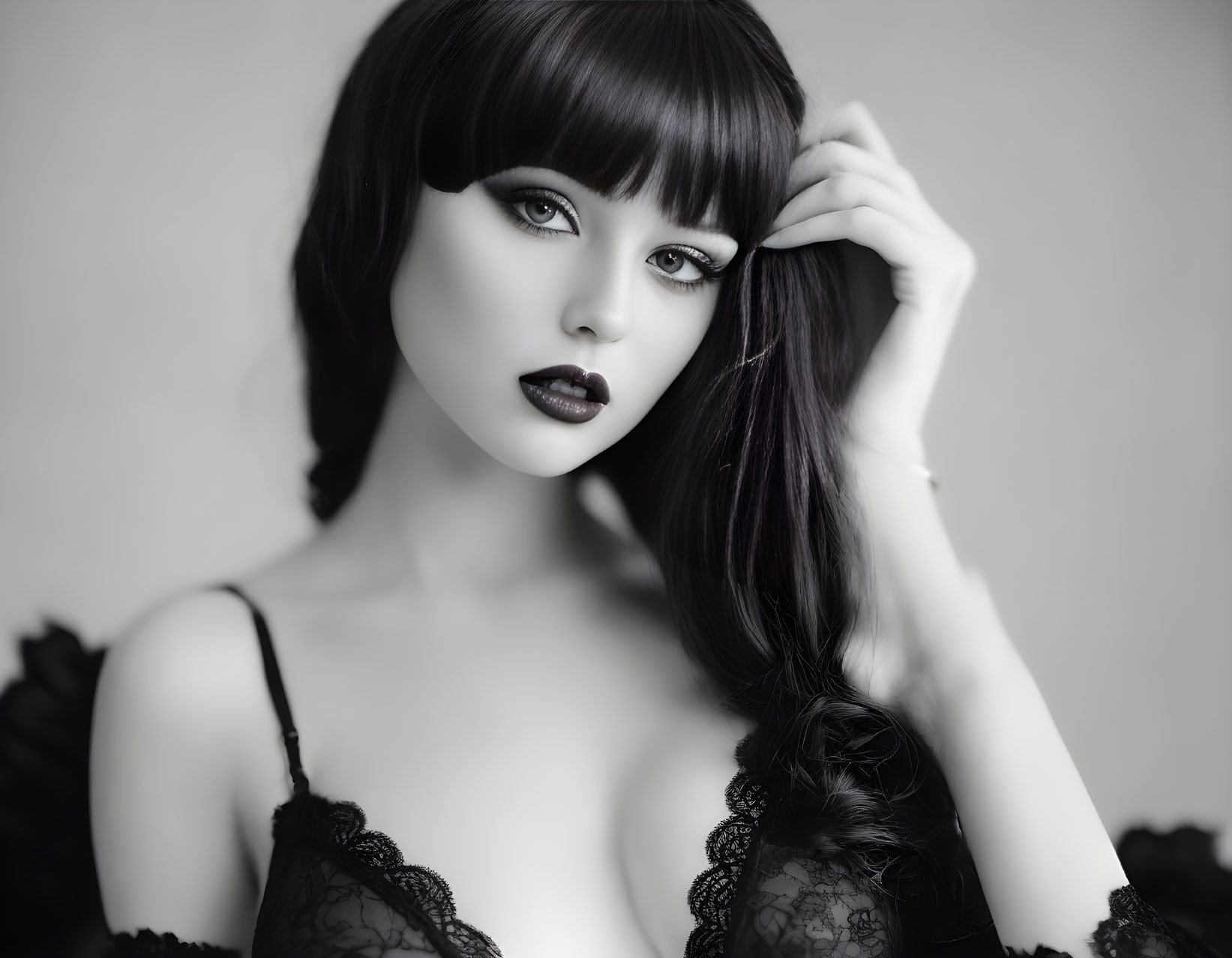 Monochrome portrait of woman with dark lipstick and dramatic eye makeup
