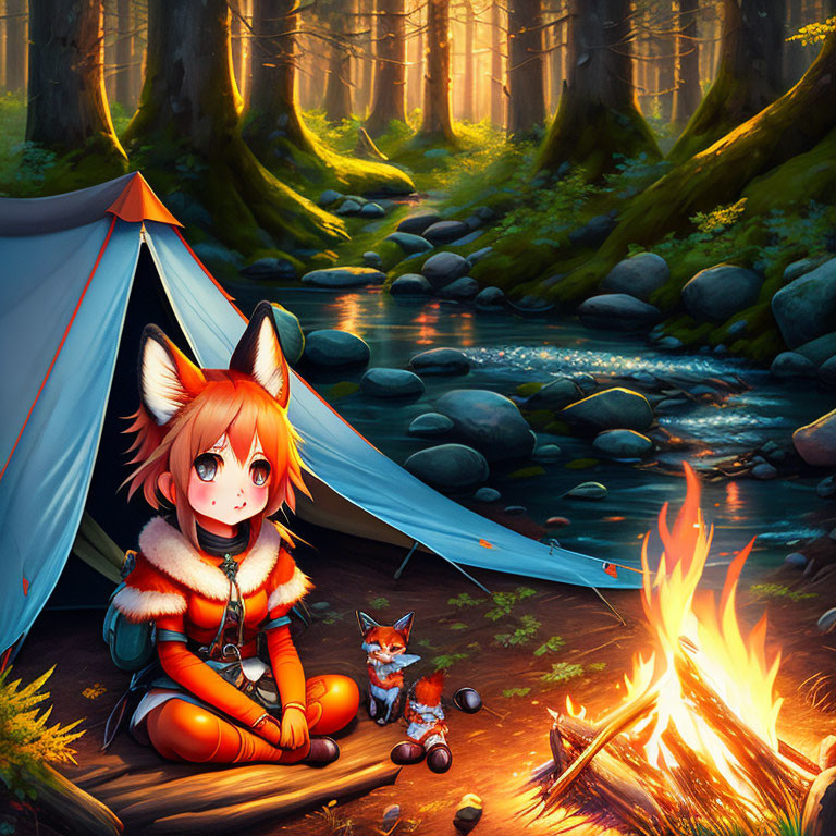Animated girl with fox ears at campfire in mystical forest with fox companion