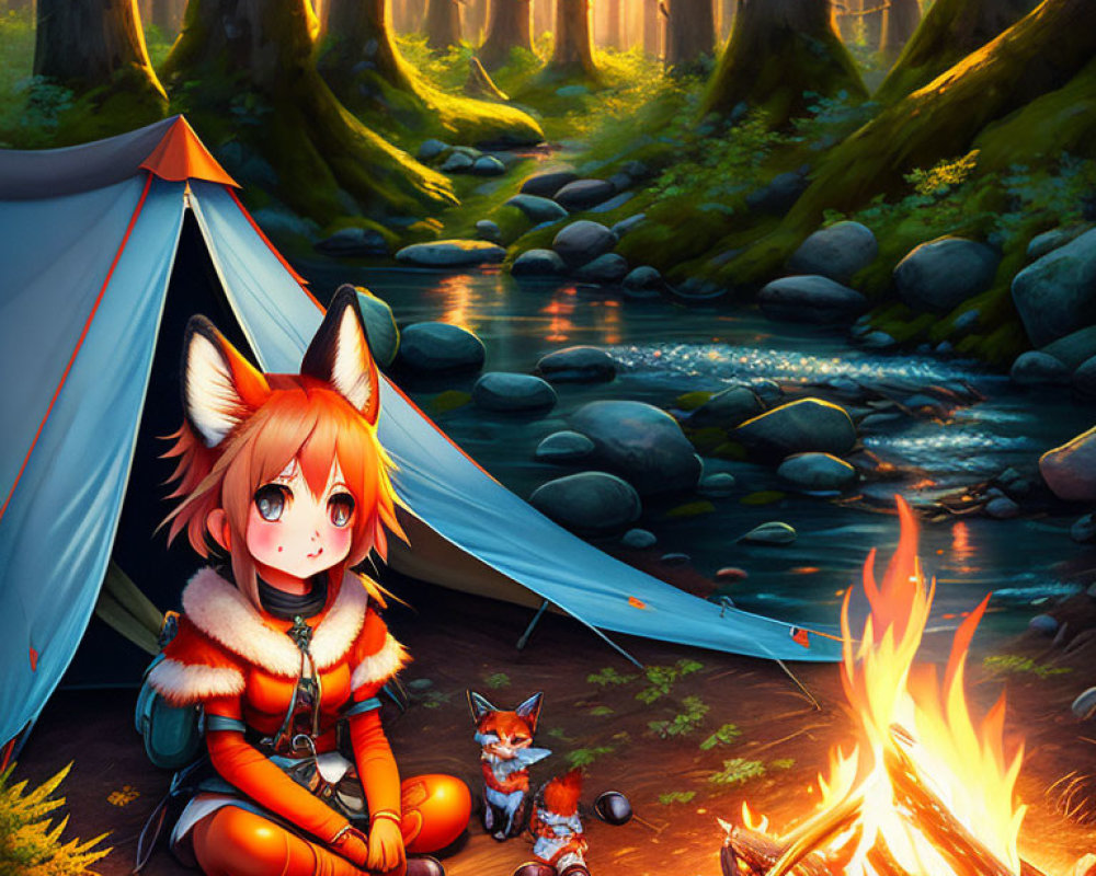 Animated girl with fox ears at campfire in mystical forest with fox companion