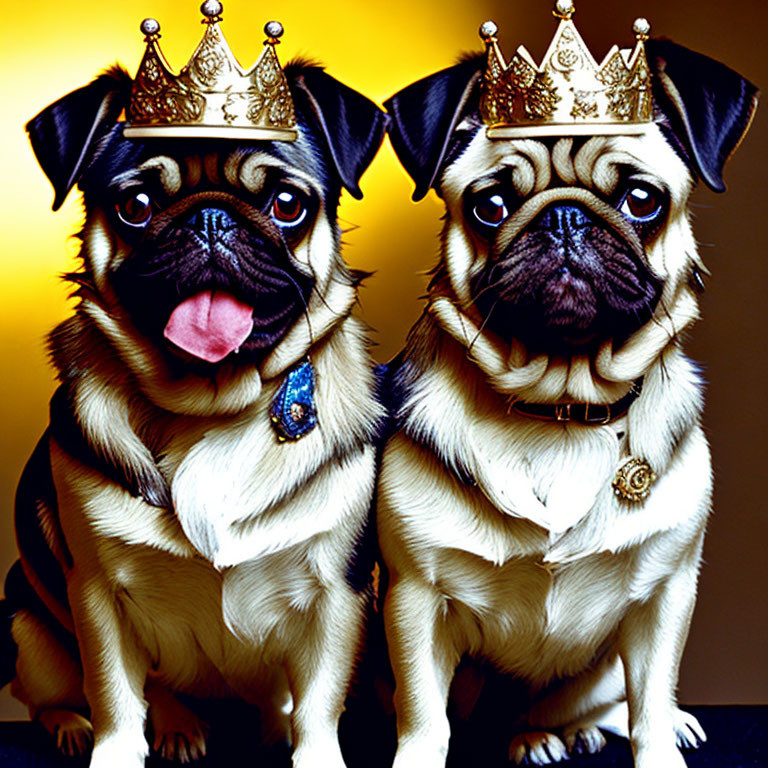 Two pugs in golden crowns and regal necklaces on yellow backdrop