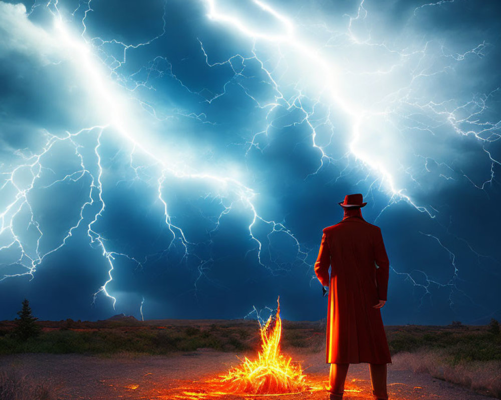 Person in Red Coat by Campfire Under Dramatic Lightning