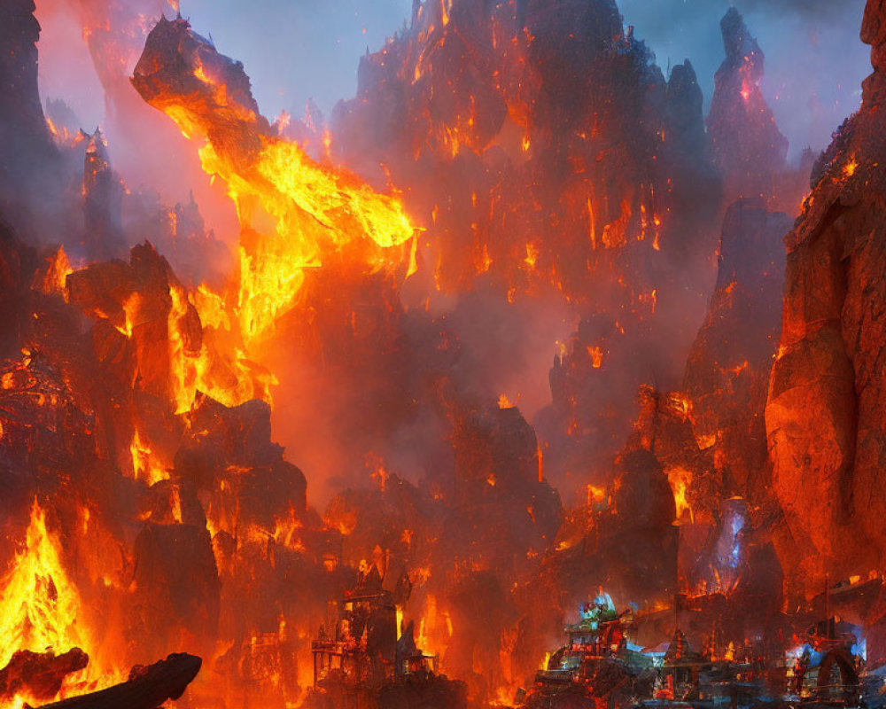 Volcanic landscape with flowing lava and glowing rock formations