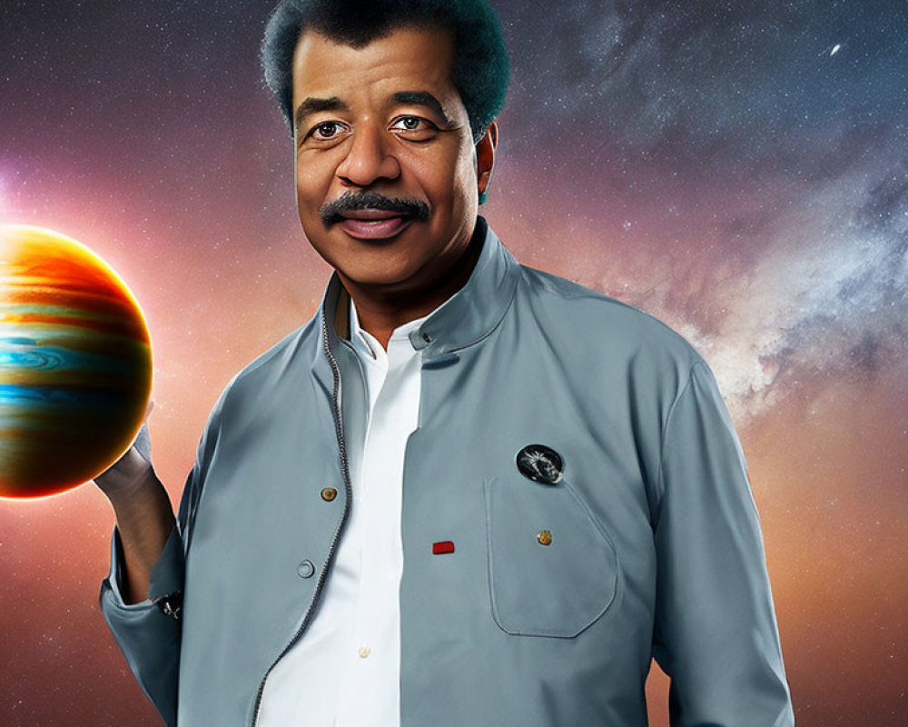 Man holding planet model against cosmic starry background, astronomy-themed pin.