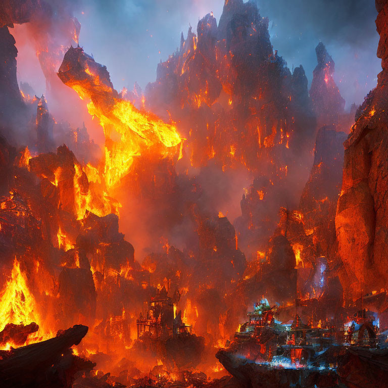 Volcanic landscape with flowing lava and glowing rock formations