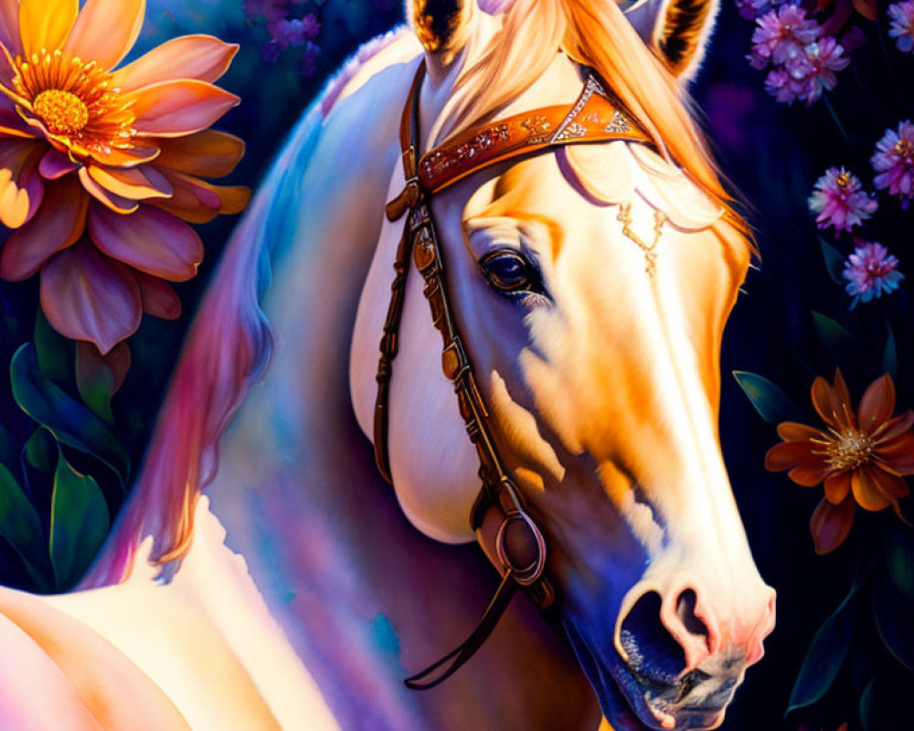 Palomino horse with decorative bridle in floral setting on purple backdrop