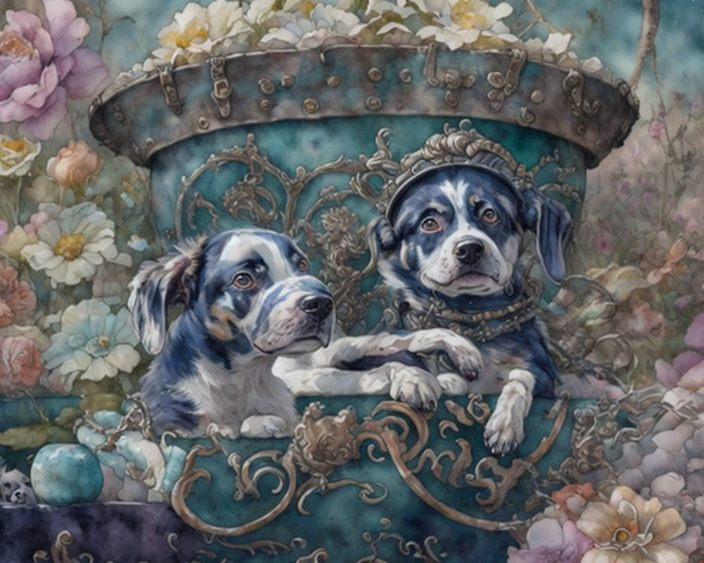 Two dogs in antique bathtub with colorful flowers in whimsical setting