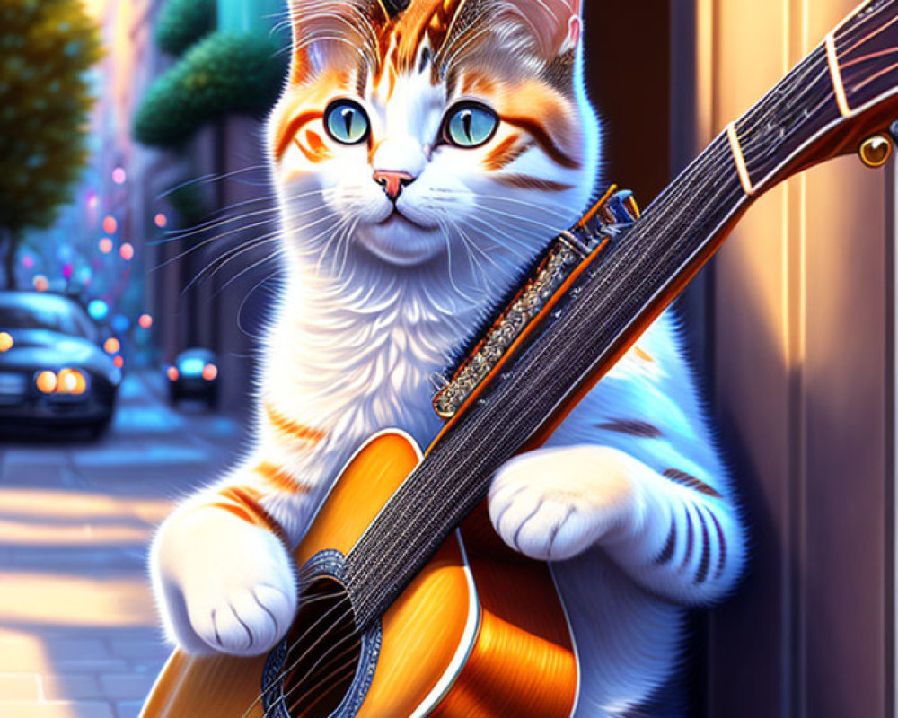 Anthropomorphic cat with guitar in city street at twilight