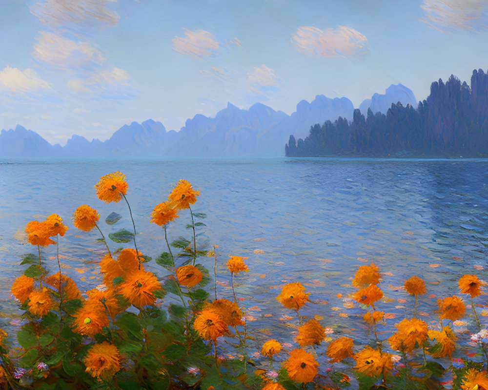Tranquil Lakeside Scene with Orange Flowers and Mountain Silhouettes