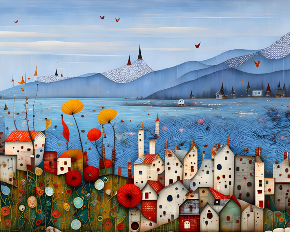 Colorful Coastal Village Painting with Patterned Hills and Birds