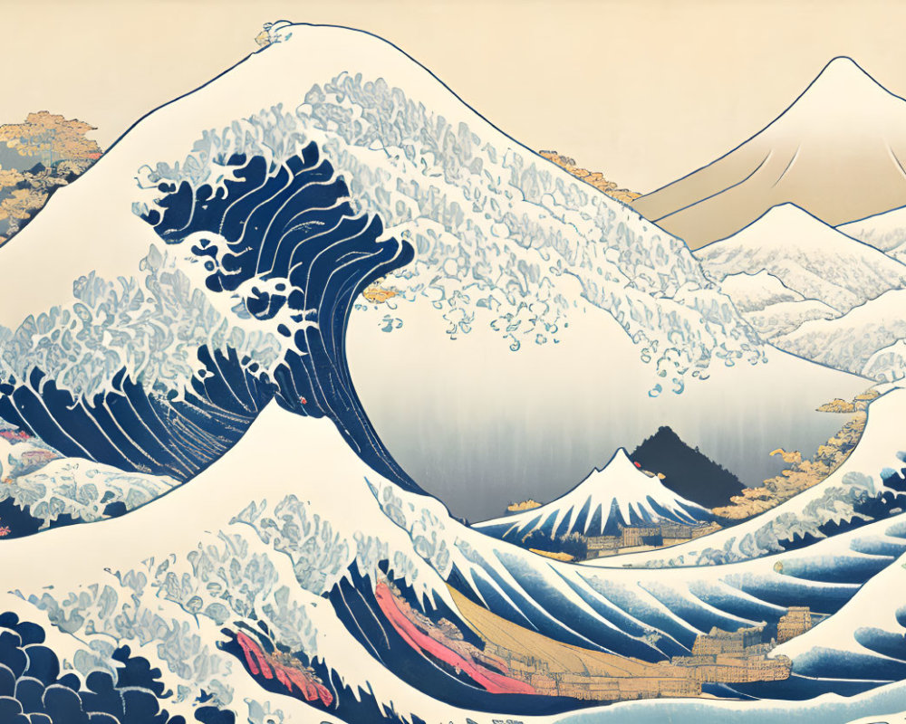 Traditional Japanese Woodblock Print: Large Wave, Mt. Fuji, Boats in Turmoil