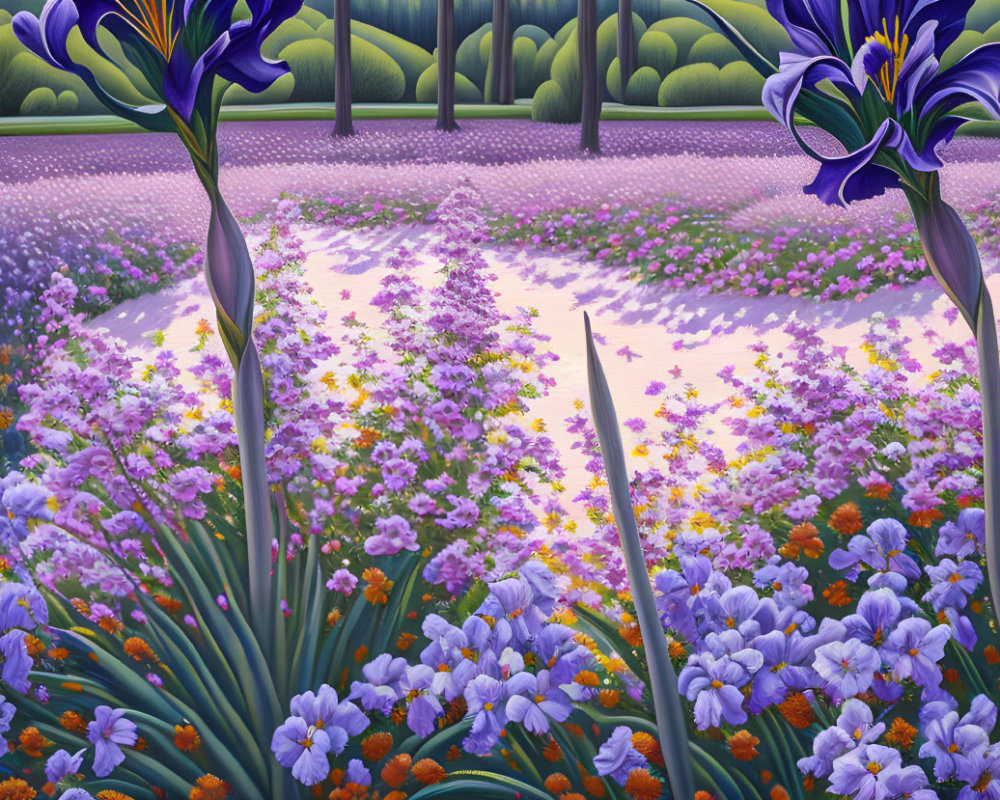 Colorful painting of purple and orange wildflowers with iris flowers and trees.