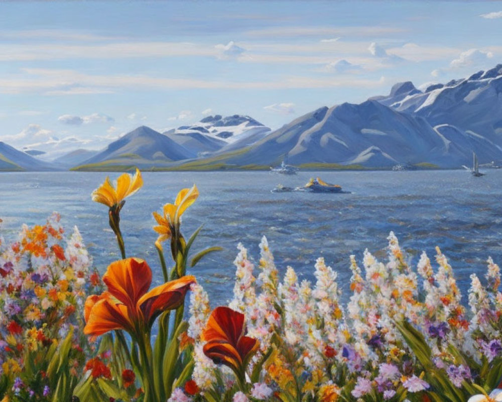 Colorful Flowers, Lake with Boats, Blue Mountains: Tranquil Painting