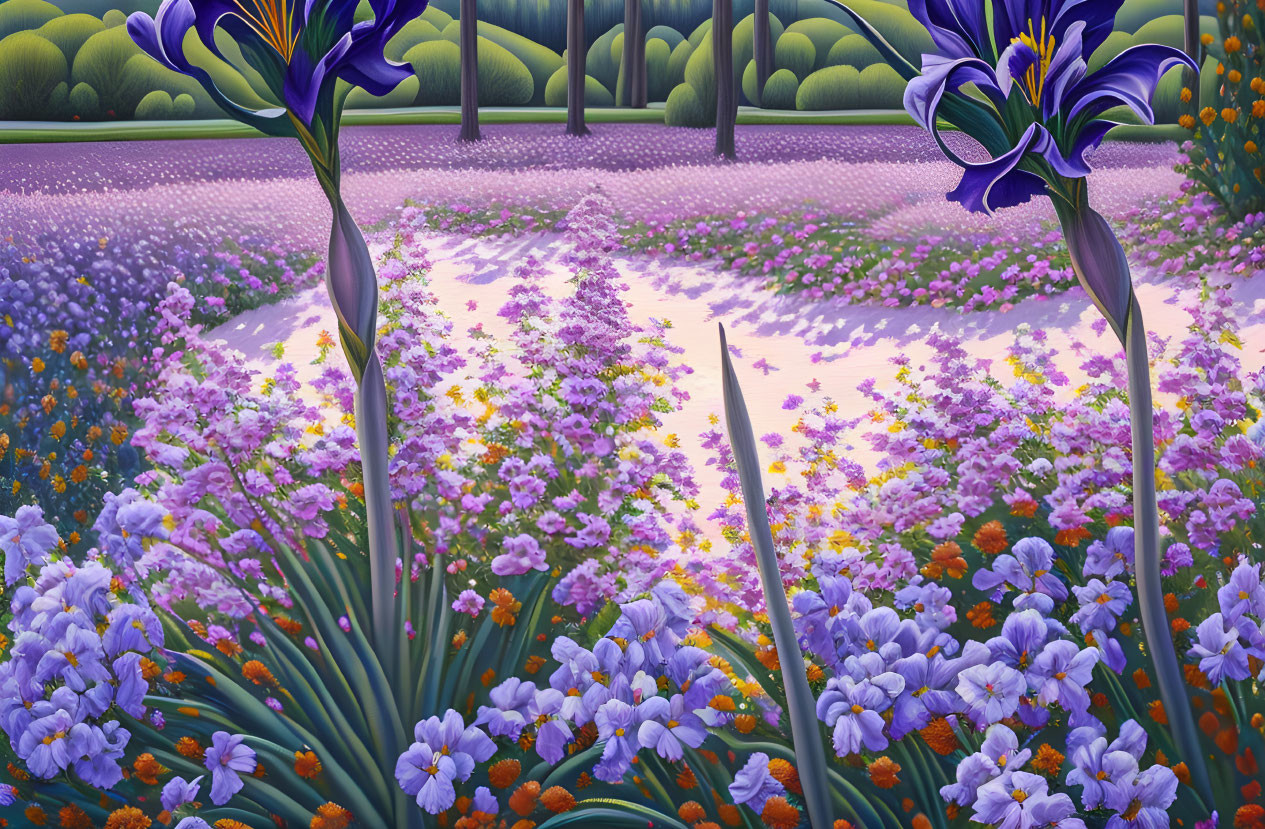 Colorful painting of purple and orange wildflowers with iris flowers and trees.
