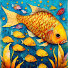 Colorful underwater scene with large golden fish and smaller fish on blue background.