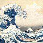 Traditional Japanese Woodblock Print: Large Wave, Mt. Fuji, Boats in Turmoil
