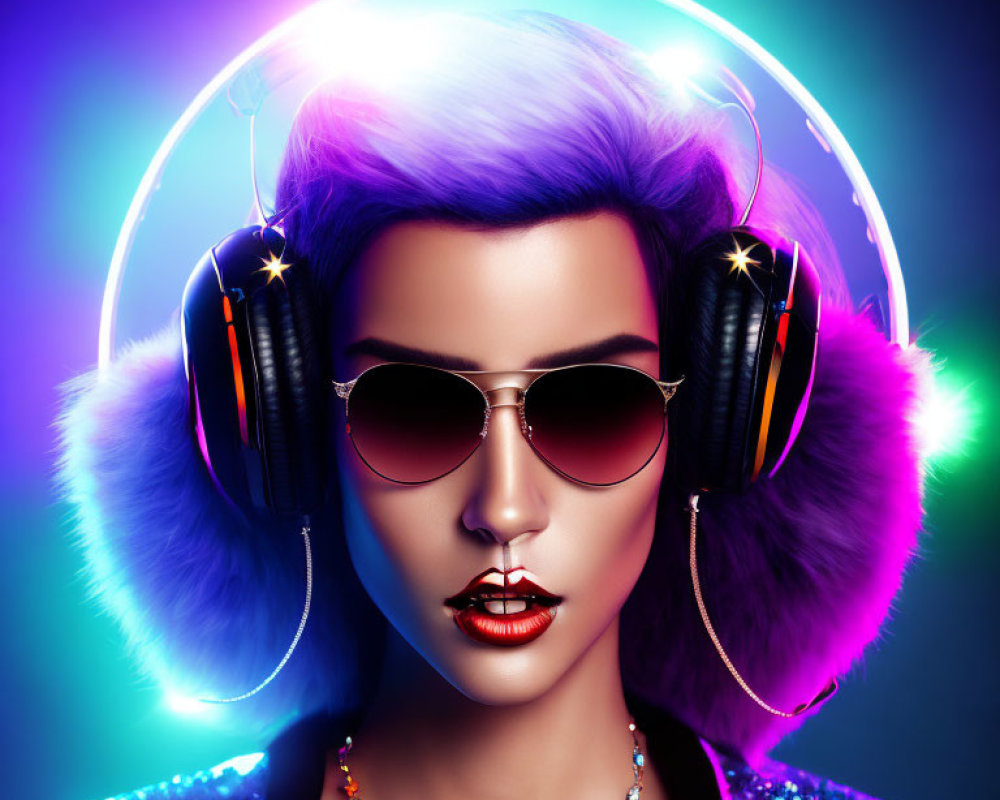 Fashionable woman with purple hair and sequined outfit in neon-lit setting