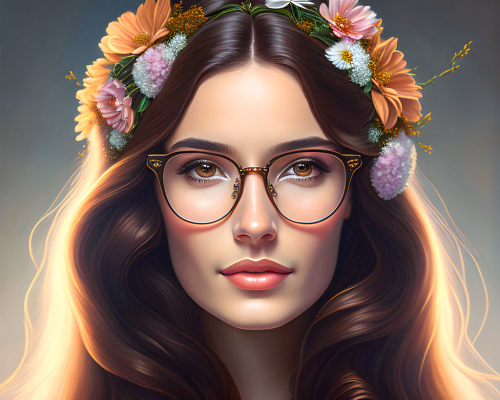 Woman with Long Brown Hair and Glasses in Floral Headband on Soft Background