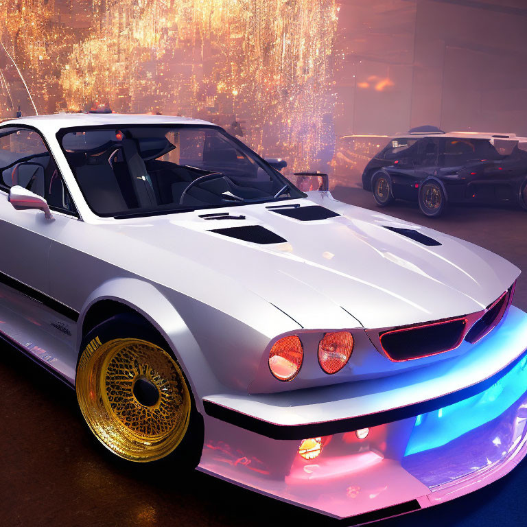 White Sports Car with Golden Rims and Neon Lights in Garage