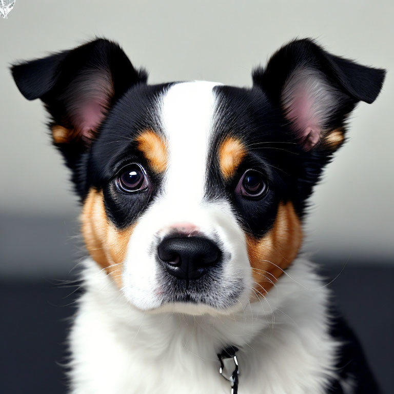 Tricolor Dog with Large Pointed Ears and White Stripe