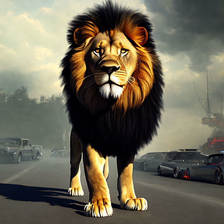 Majestic lion with voluminous mane in urban setting under hazy sky