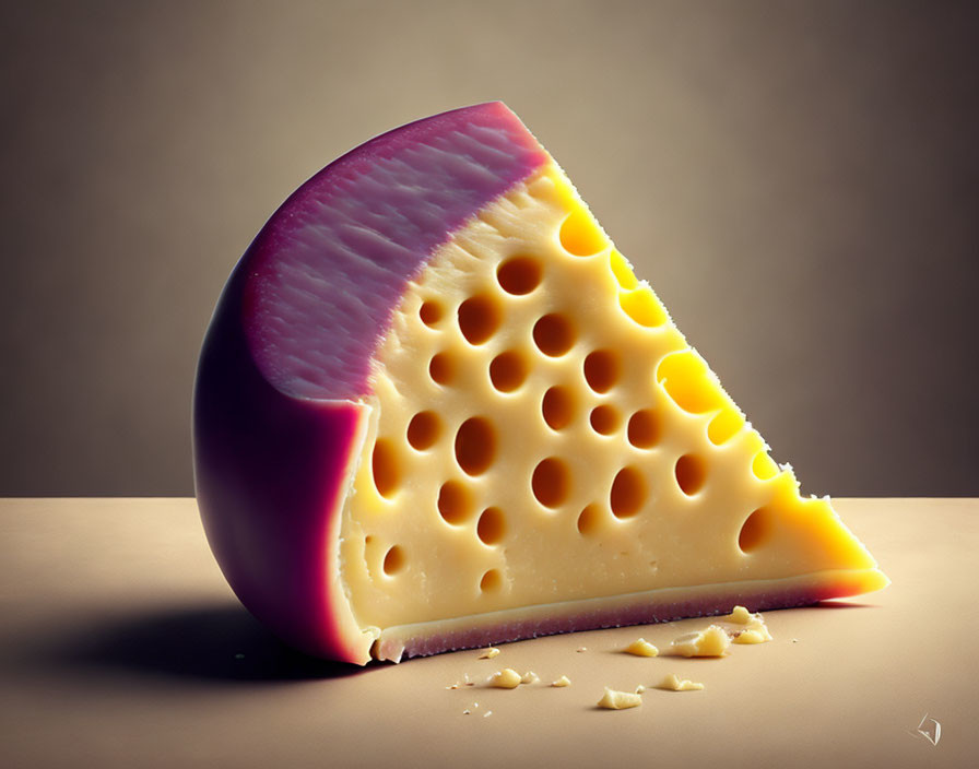 Semi-hard cheese wedge with holes, yellow to violet gradient on beige surface