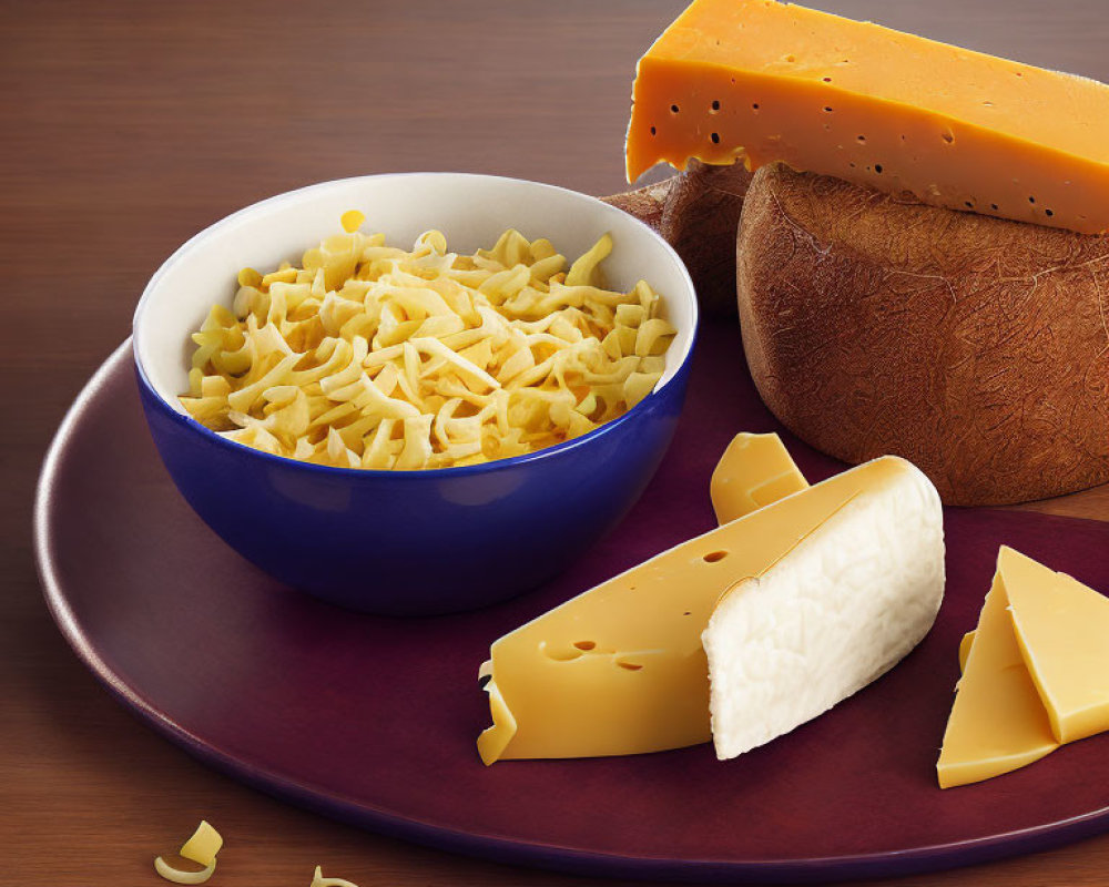 Cheese-themed macaroni dish with assorted cheese slices on wooden table