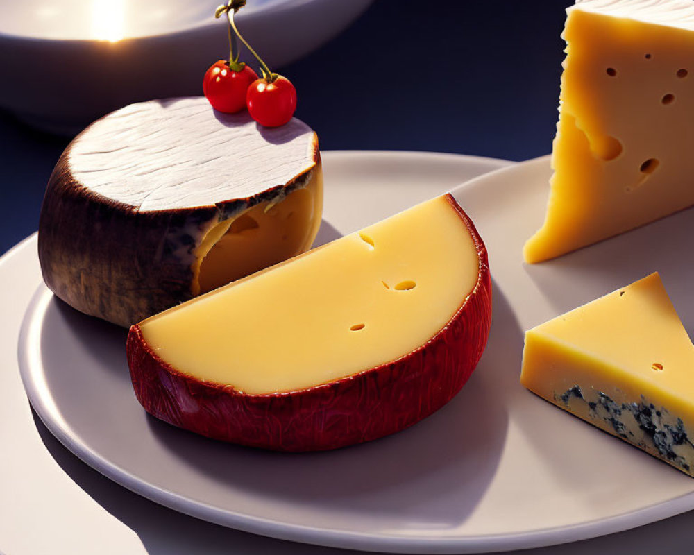 Assorted Cheeses Plate with Cherries and Blue Cheese