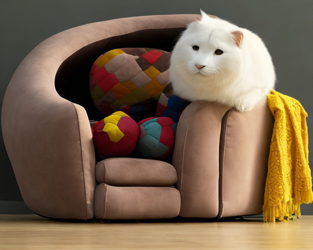 Fluffy white cat on modern armchair with colorful cushions