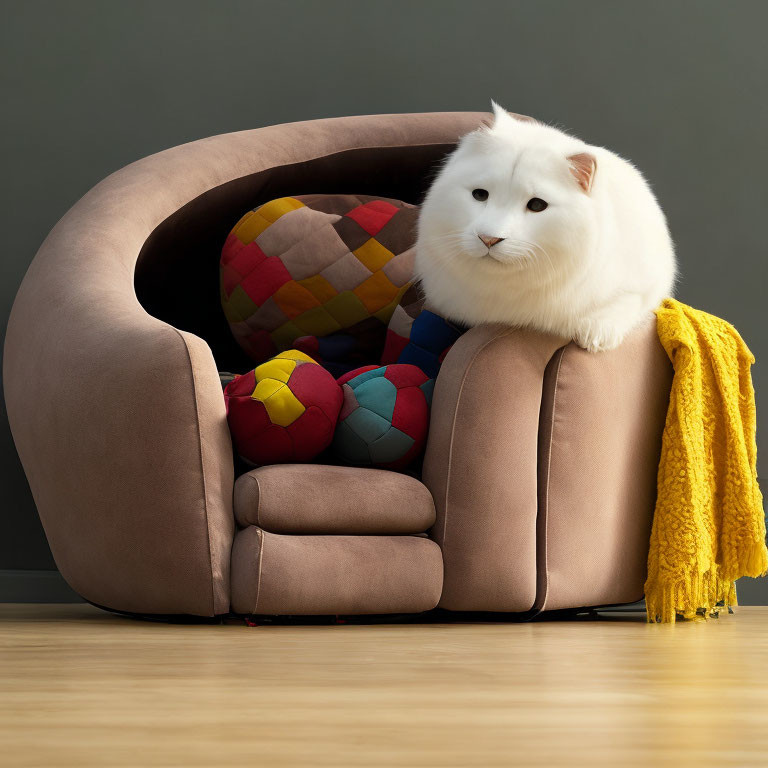 Fluffy white cat on modern armchair with colorful cushions