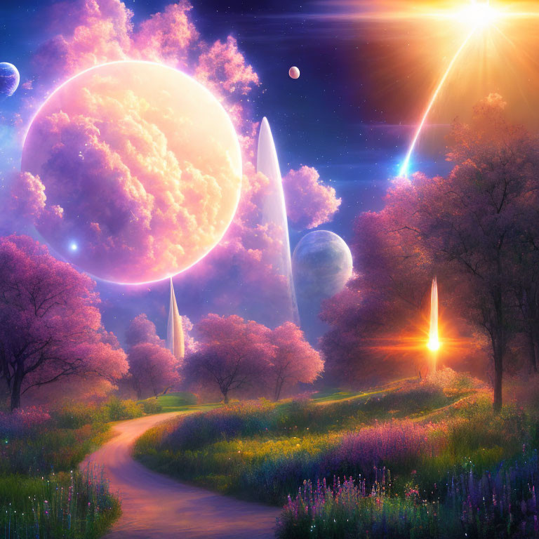Colorful fantasy landscape with pink pathway, blooming trees, and celestial bodies under bright sunbeam
