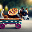 Two dogs in pizza costumes skateboard together