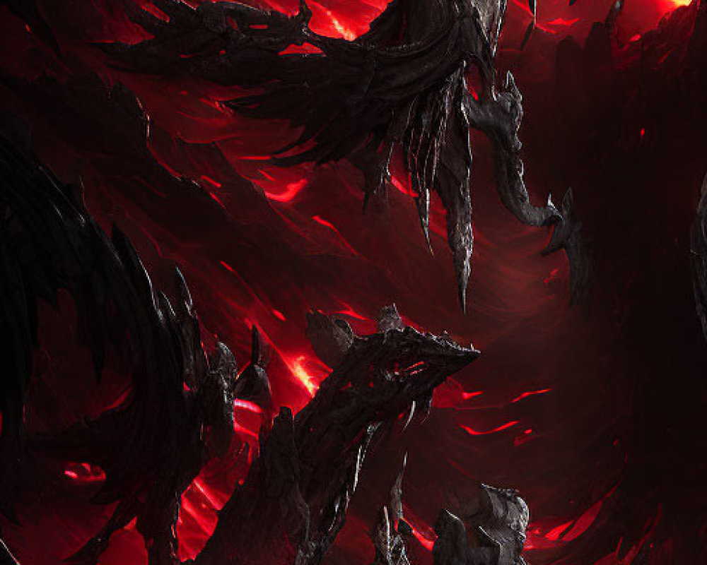 Glowing red accented dragon in dark, craggy terrain.
