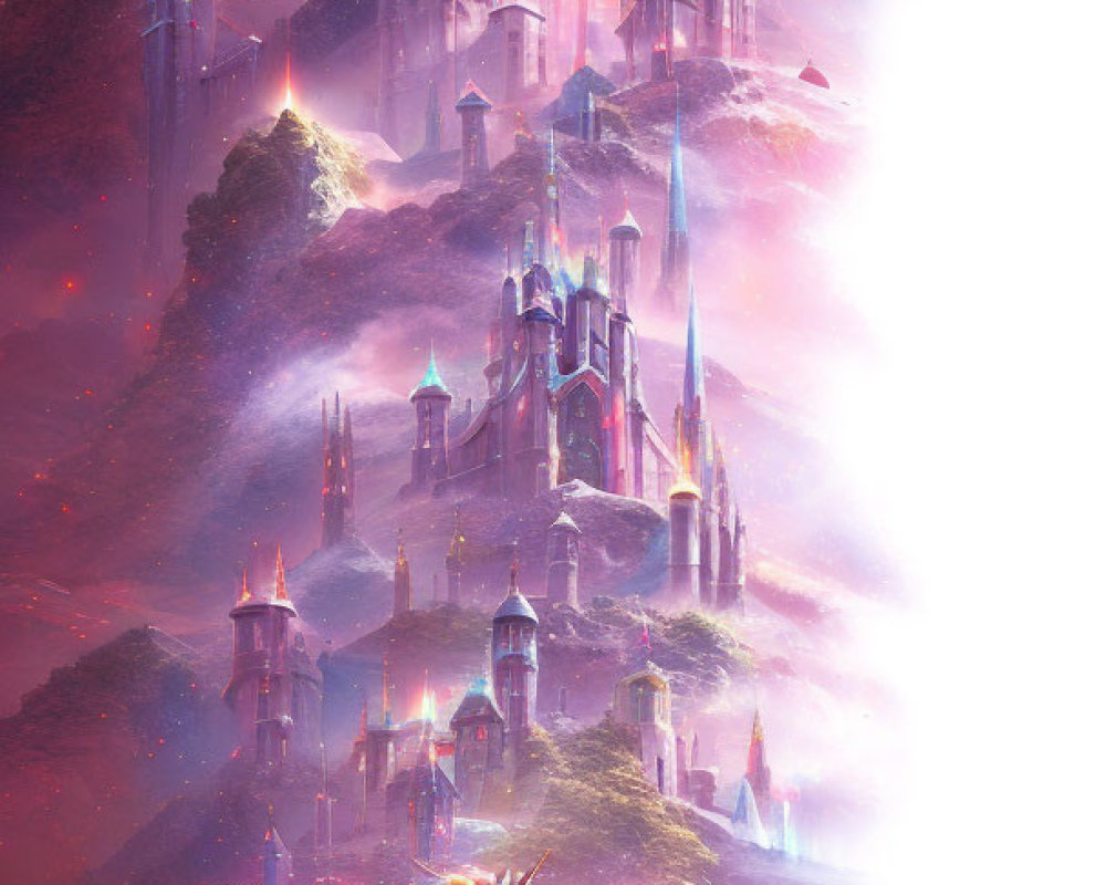 Majestic unicorn by reflective lake with purple castle on foggy mountains