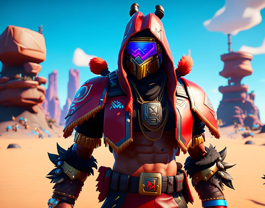 Futuristic warrior in red armor with glowing visor in desert landscape
