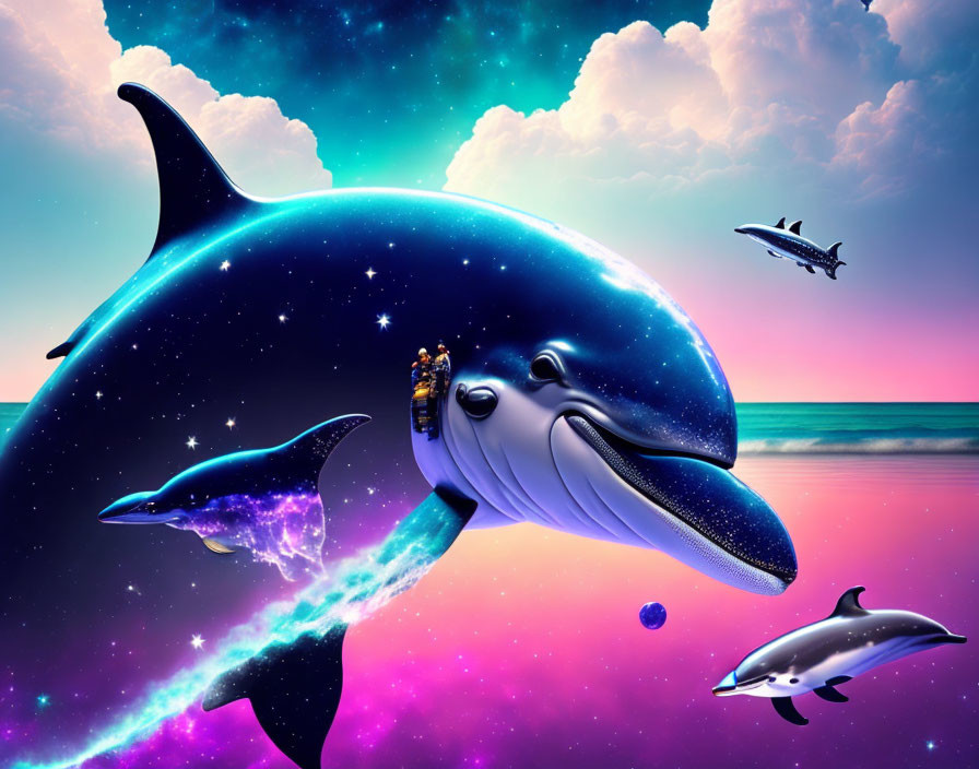 Oceanic and cosmic surrealism: whale, dolphins, and star-filled sky.