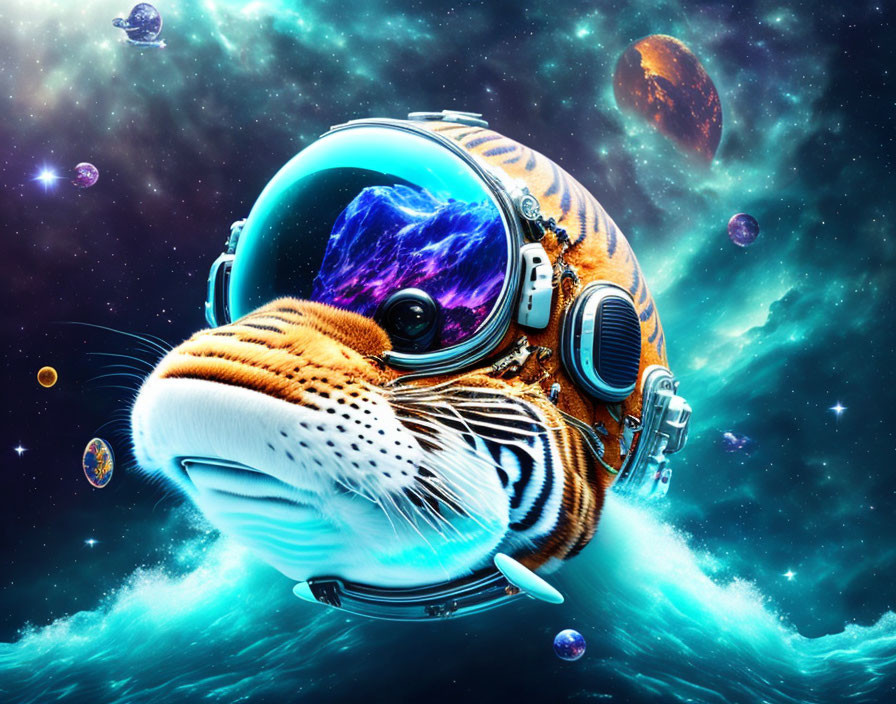 Surreal digital artwork: Tiger with cosmic helmet in space