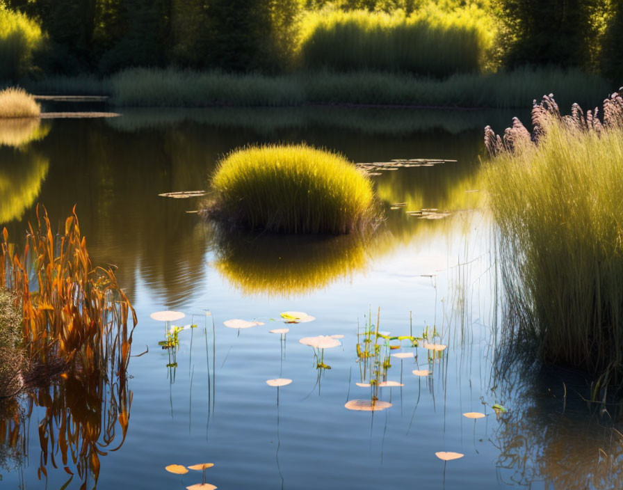 Tranquil Pond with Water Lilies and Greenery at Golden Hour