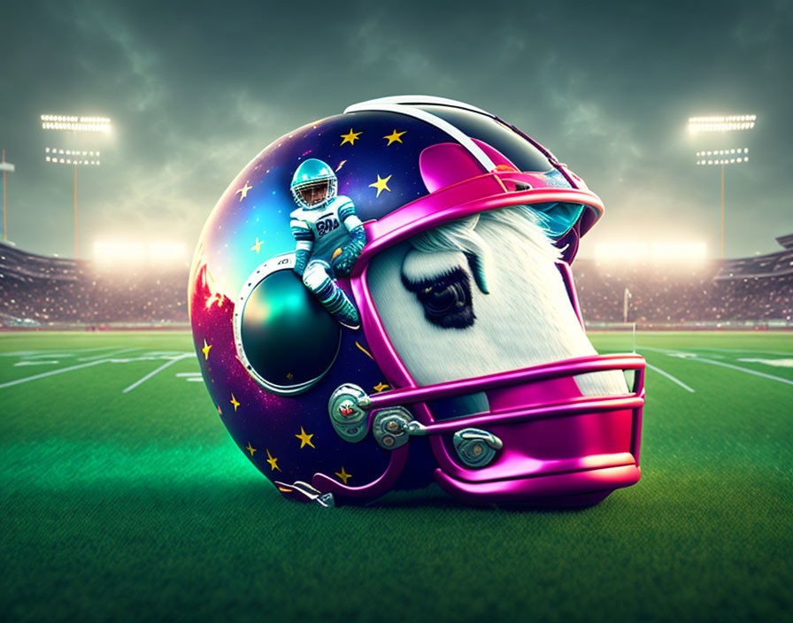 Fantastical space scene helmet reflecting on football field under stadium lights