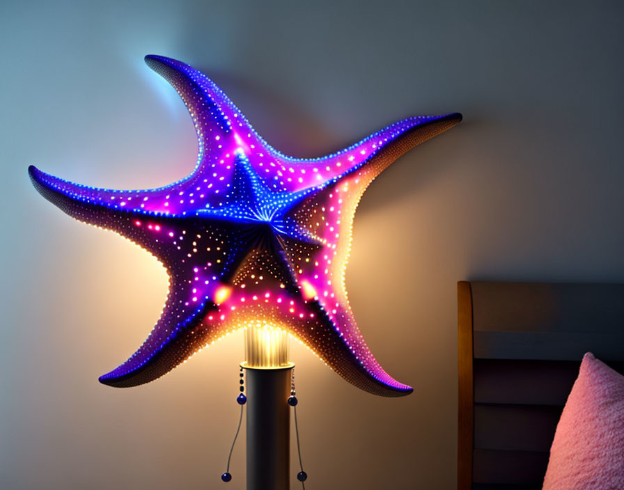 Starfish-shaped LED lamp with purple and blue lights above bedside table.